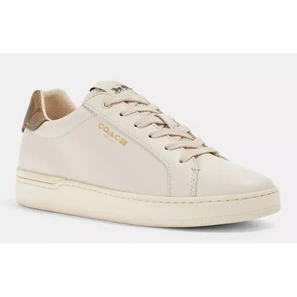 Coach Clip Low Top Sneaker Leather Cream Signature Canvas Preppy Women's 9 - Picture 1 of 16